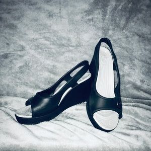 Crocs black sling back peep toe wedges